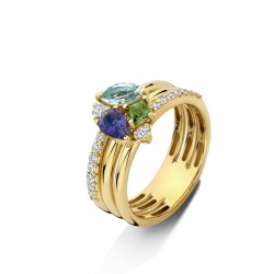 Ring 18 karaat met diamant, briljant geslepen en ioliet, groene en blauwe toermalijn - 118794